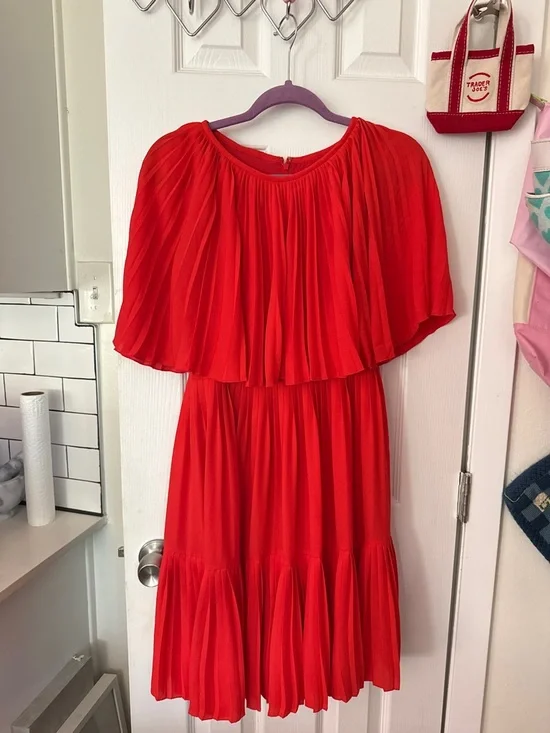 Kate Spade Red Pleated Cape Sleeve Midi Dress - Picture 1 of 11